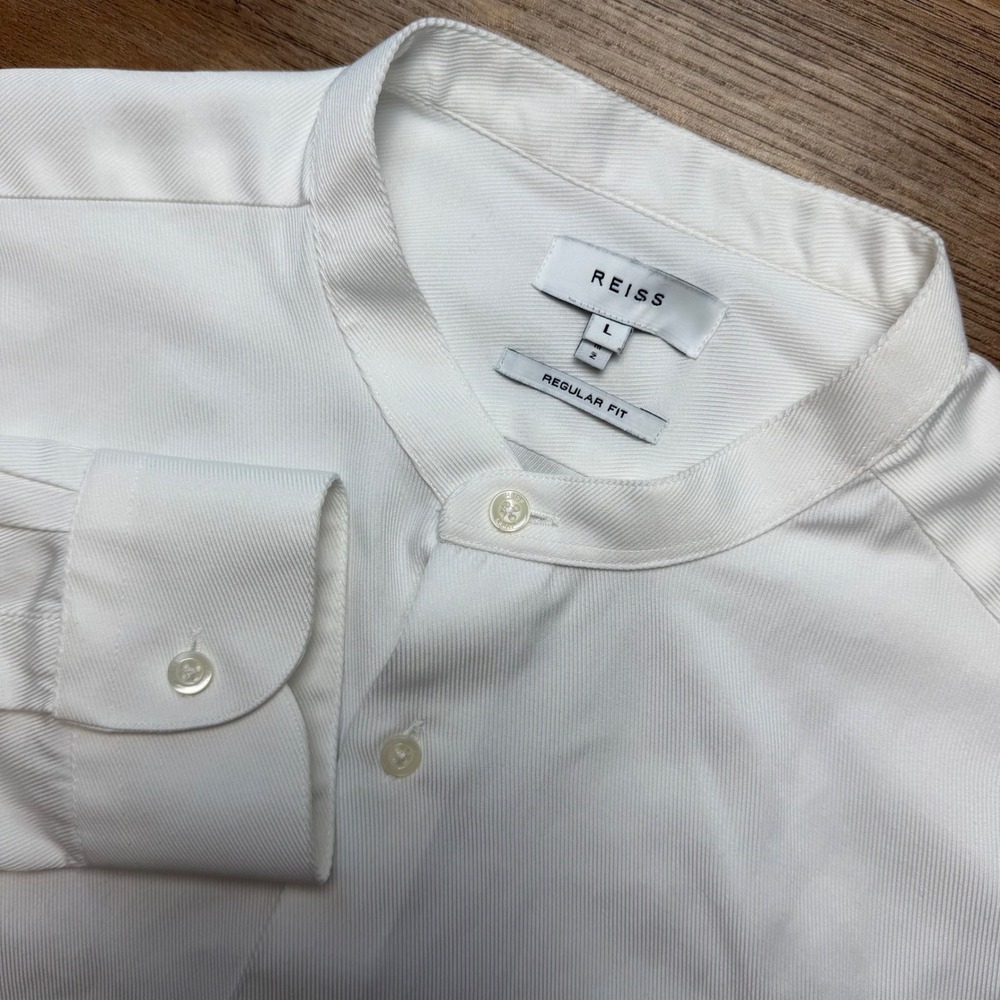Reiss Shirt Mens Large White McAlan Grandad Collar Regular Fit Long Sleeve